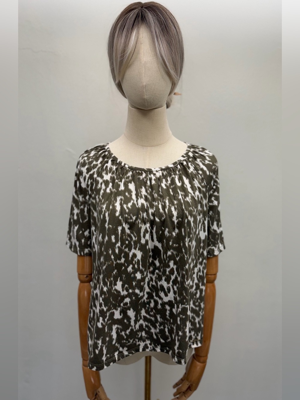 Michael Kors Printed Short Sleeve Top Dark Green White Cotton Modal Size Small